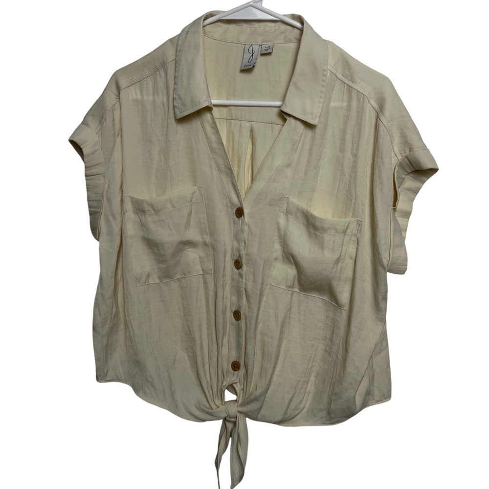 Joie Womens Cream Short Sleeve Front Tie‎ Button Down Shirt Top L Modern Relaxed